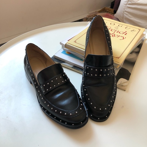 Shoes - Black Leather Studded Loafers - 8.5